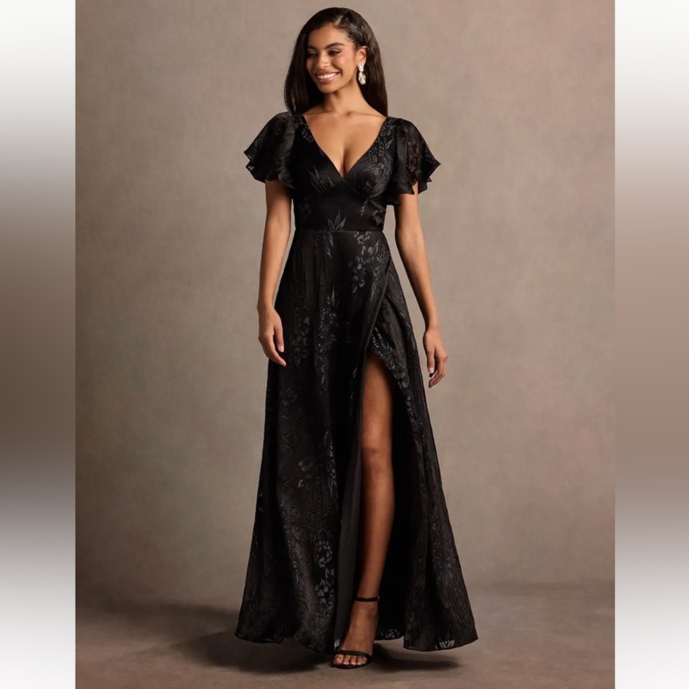 Azazie Atelier Black V-Neck Flutter Sleeve Maxi with Side Slit